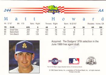 1992 Classic Best #244 Matt Howard Back