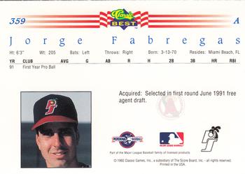 1992 Classic Best #359 Jorge Fabregas Back