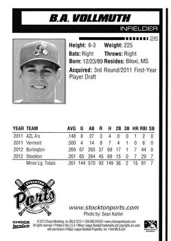 2013 Choice Stockton Ports #26 B.A. Vollmuth Back