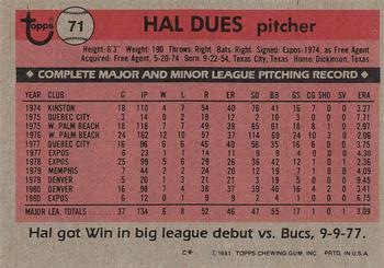 1981 Topps #71 Hal Dues Back