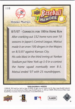 2008 Upper Deck Baseball Heroes #118 Hideki Matsui Back