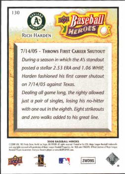 2008 Upper Deck Baseball Heroes #130 Rich Harden Back