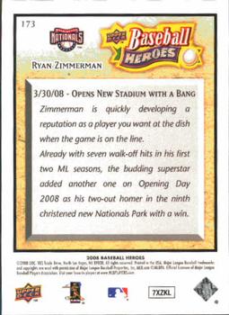 2008 Upper Deck Baseball Heroes #173 Ryan Zimmerman Back