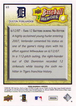 2008 Upper Deck Baseball Heroes #65 Justin Verlander Back