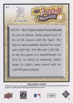 2008 Upper Deck Baseball Heroes #67 Al Kaline Back