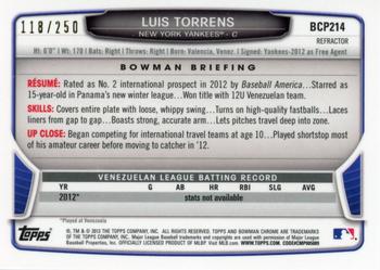 2013 Bowman Chrome - Prospects Blue Refractors #BCP214 Luis Torrens Back
