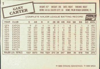 1986 Drake's Big Hitters #1 Gary Carter Back
