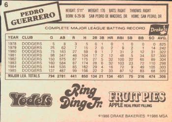 1986 Drake's Big Hitters #6 Pedro Guerrero Back