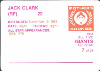 1984 Mother's Cookies San Francisco Giants #7 Jack Clark Back