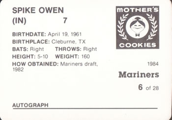 1984 Mother's Cookies Seattle Mariners #6 Spike Owen Back