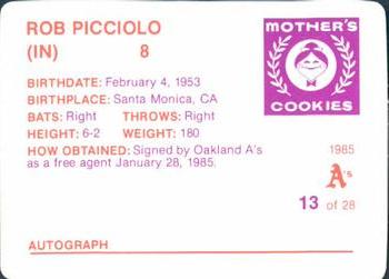 1985 Mother's Cookies Oakland Athletics #13 Rob Picciolo Back
