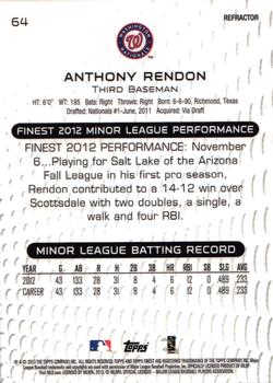 2013 Finest - Green Refractors #64 Anthony Rendon Back