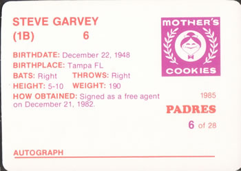 1985 Mother's Cookies San Diego Padres #6 Steve Garvey Back