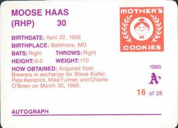 1986 Mother's Cookies Oakland Athletics #16 Moose Haas Back