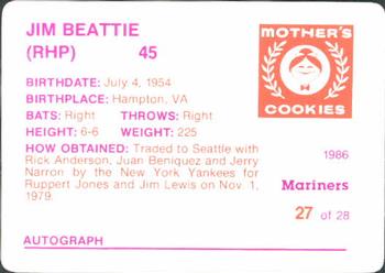 1986 Mother's Cookies Seattle Mariners #27 Jim Beattie Back