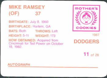 1987 Mother's Cookies Los Angeles Dodgers #11 Mike Ramsey Back