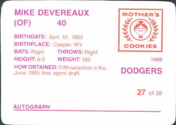 1988 Mother's Cookies Los Angeles Dodgers #27 Mike Devereaux Back