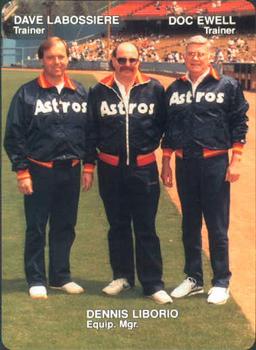 1989 Mother's Cookies Houston Astros #28 Trainers & Checklist Card (Dave Labossiere / Doc Ewell / Dennis Liborio) Front