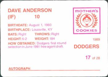 1989 Mother's Cookies Los Angeles Dodgers #17 Dave Anderson Back