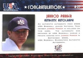 2006-07 USA Baseball Box Set  - Signatures Black #A-27 Jarrod Parker Back
