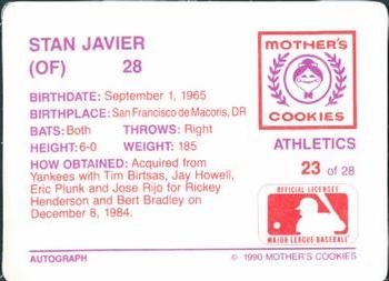 1990 Mother's Cookies Oakland Athletics #23 Stan Javier Back