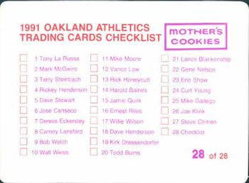 1991 Mother's Cookies Oakland Athletics #28 Coaches & Checklist (Tommie Reynolds / Art Kusnyer / Reggie Jackson / Rick Burleson / Rene Lachemann / Dave Duncan / Dave McKay) Back