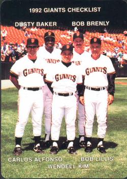1992 Mother's Cookies San Francisco Giants #28 Coaches & Checklist (Dusty Baker / Bob Brenly / Carlos Alfonso / Wendell Kim / Bob Lillis) Front