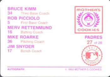 1992 Mother's Cookies San Diego Padres #27 Coaches (Mike Roarke / Jim Snyder / Rob Picciolo / Merv Rettenmund / Bruce Kimm) Back