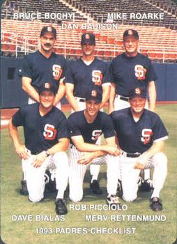 1993 Mother's Cookies San Diego Padres #28 Coaches & Checklist (Bruce Bochy / Dan Radison / Mike Roarke / Dave Bialas / Rob Picciolo / Merv Rettenmund) Front