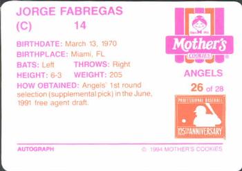 1994 Mother's Cookies California Angels #26 Jorge Fabregas Back