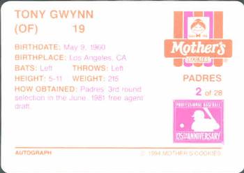 1994 Mother's Cookies San Diego Padres #2 Tony Gwynn Back
