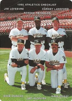 1995 Mother's Cookies Oakland Athletics #28 Coaches & Checklist (Jim Lefebvre / Carney Lansford / Tommie Reynolds / Art Kusnyer / Dave McKay / Dave Duncan) Front