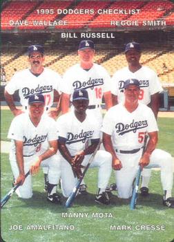 1995 Mother's Cookies Los Angeles Dodgers #28 Coaches & Checklist (Dave Wallace / Bill Russell / Reggie Smith / Joe Amalfitano / Manny Mota / Mark Cresse) Front