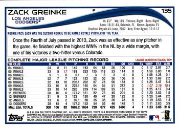 2014 Topps Opening Day #135 Zack Greinke Back