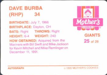 1995 Mother's Cookies San Francisco Giants #25 Dave Burba Back