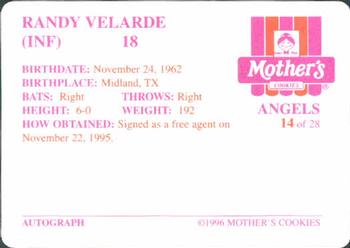 1996 Mother's Cookies California Angels #14 Randy Velarde Back