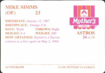 1996 Mother's Cookies Houston Astros #24 Mike Simms Back