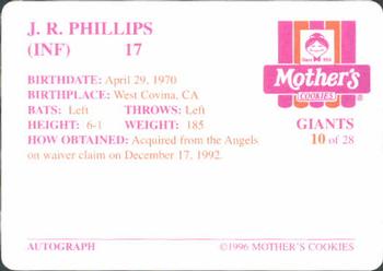 1996 Mother's Cookies San Francisco Giants #10 J.R. Phillips Back