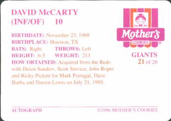 1996 Mother's Cookies San Francisco Giants #21 David McCarty Back