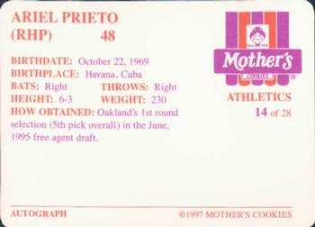 1997 Mother's Cookies Oakland Athletics #14 Ariel Prieto Back