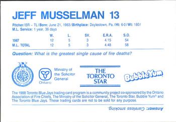 1988 Toronto Blue Jays Fire Safety #NNO Jeff Musselman Back