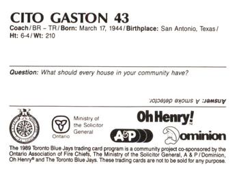 1989 Toronto Blue Jays Fire Safety #NNO Cito Gaston Back