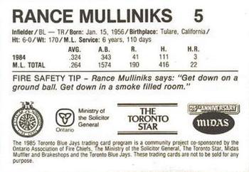 1985 Toronto Blue Jays Fire Safety #NNO Rance Mulliniks Back