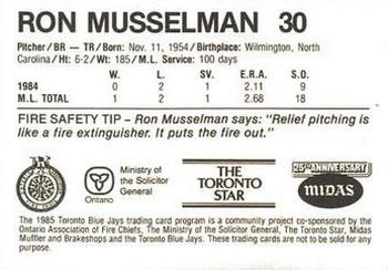 1985 Toronto Blue Jays Fire Safety #NNO Ron Musselman Back