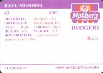 1998 Mother's Cookies Los Angeles Dodgers #4 Raul Mondesi Back