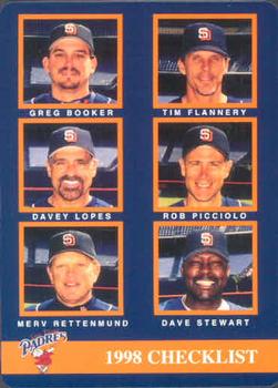 1998 Mother's Cookies San Diego Padres #28 Coaches & Checklist (Greg Booker / Tim Flannery / Davey Lopes / Rob Picciolo / Merv Rettenmund / Dave Stewart) Front