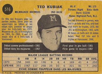1971 O-Pee-Chee #516 Ted Kubiak Back