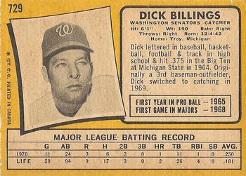 1971 O-Pee-Chee #729 Dick Billings Back