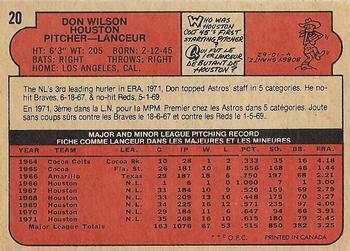 1972 O-Pee-Chee #20 Don Wilson Back