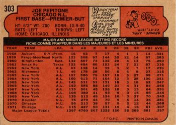 1972 O-Pee-Chee #303 Joe Pepitone Back